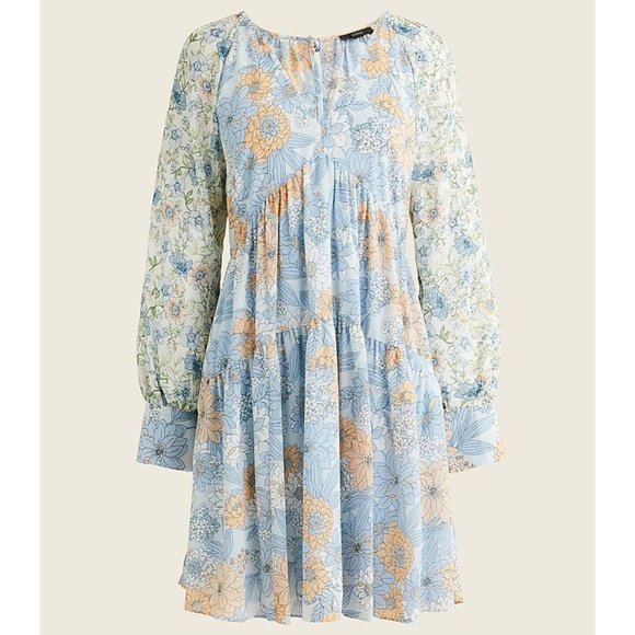 J. Crew Dresses & Skirts - J CREW BLUE PEACH FLORAL CRINKLE CHIFFON BABYDOLL LONG SLEEVE SWING DRESS 10 NWT
